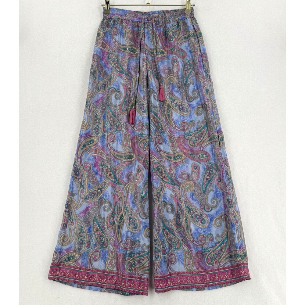 Republic Clothing Paisley Palazzo Pants Women Blue Pink Wide Leg Boho Tassel S